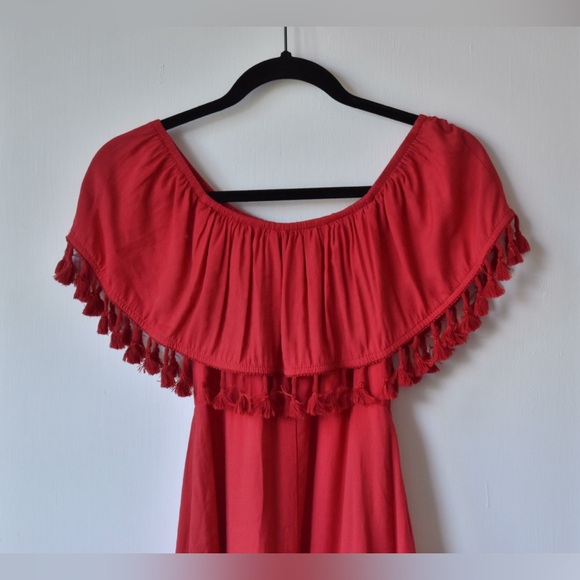 Lulu’s PENSACOLA RED OFF-THE-SHOULDER TASSELED MIDI DRESS - Picture 2 of 7
